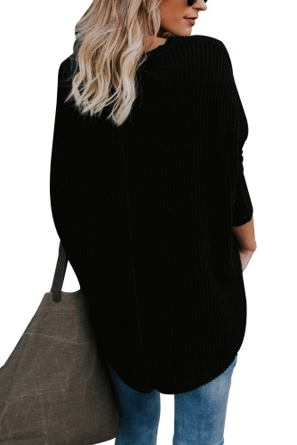 Black Waffle Knit Button Front Blouse