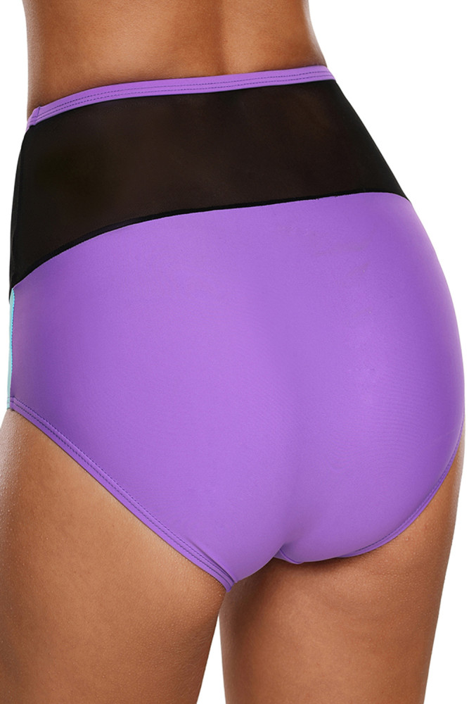 Purple Blue Color Block Mesh Insert Swim Bottom