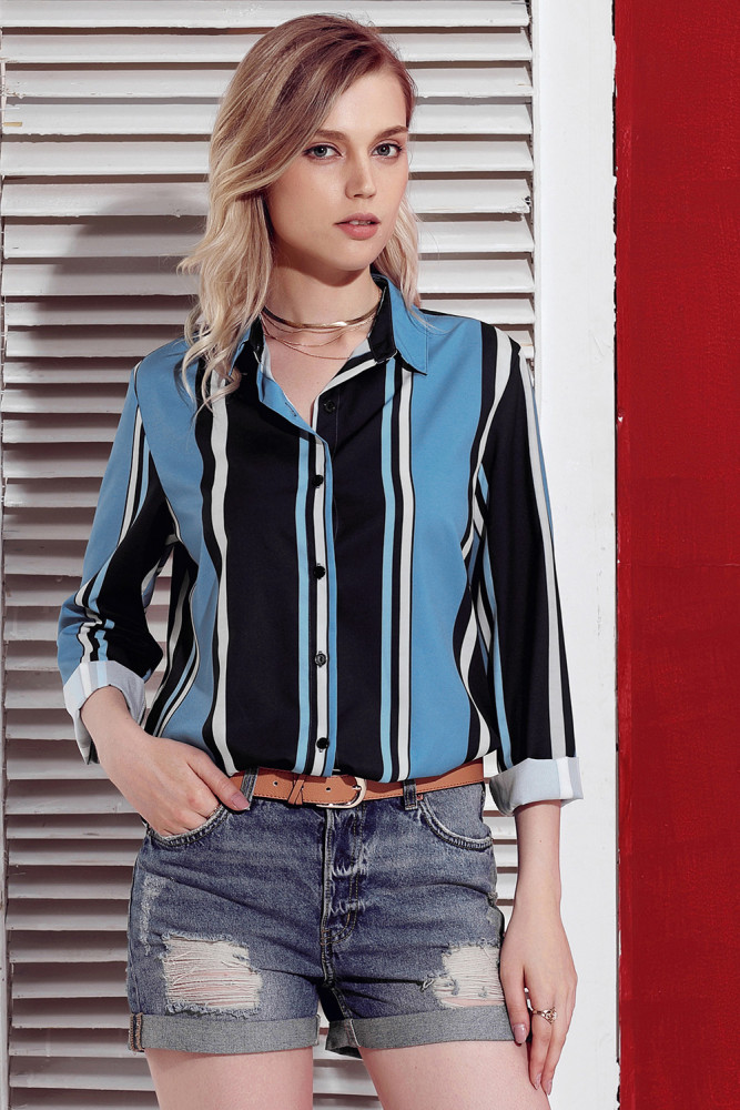 Blue Navy Striped Long Sleeve Button Down Shirt