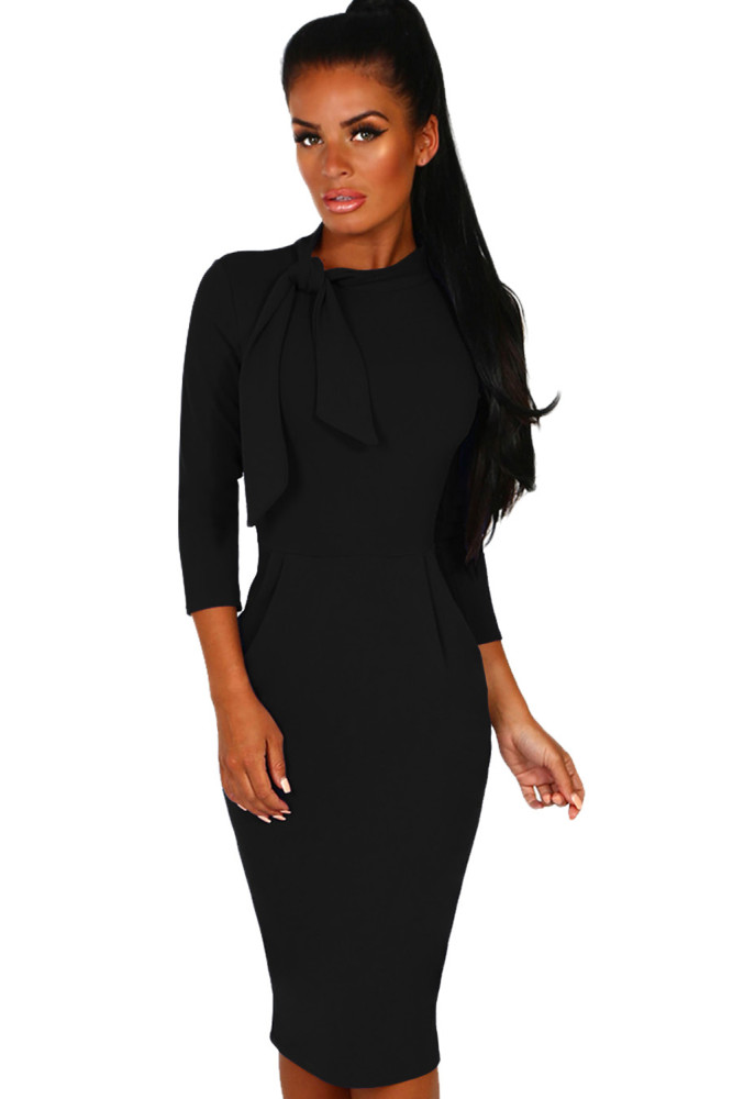 Black Pussy Bow Tie Vintage Midi Dress