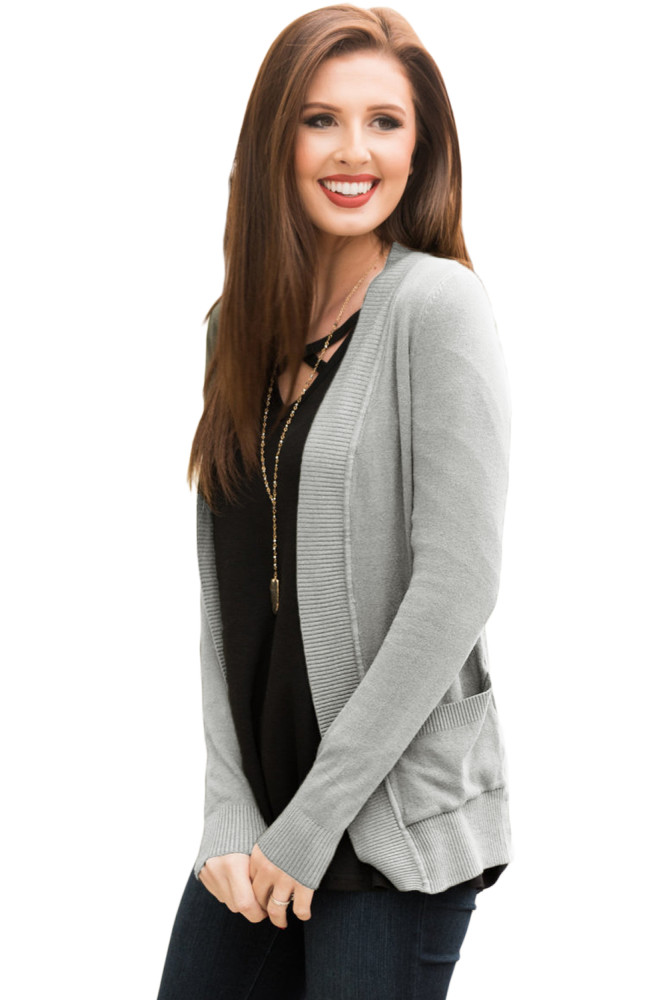 Gray Knit Long Sleeve Cardigan Top with Pockets
