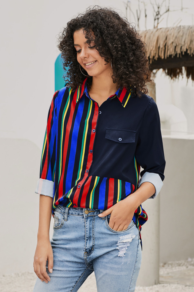 Black Colorblock Long Sleeve One Pocket Shirt