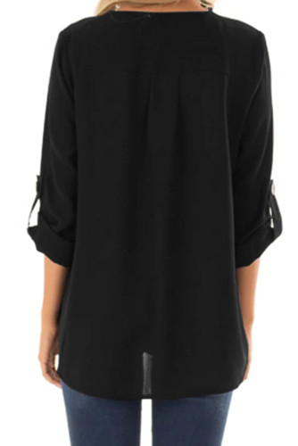 Black Asymmetrical Button up Top with Roll up Sleeves