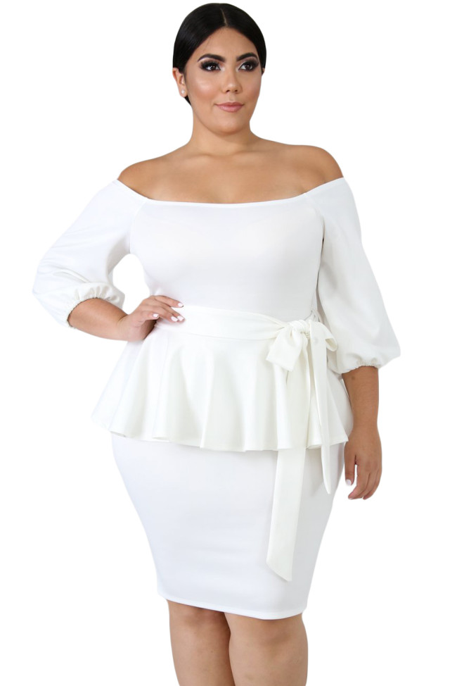 White Sash Tie Plus Size Peplum Dress