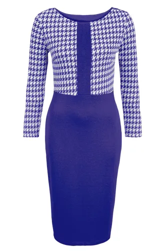 Cobalt Blue Houndstooth Patchwork Pencil Midi Dress