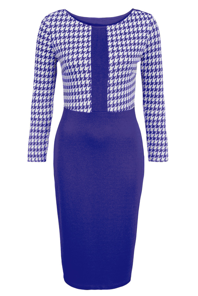 Cobalt Blue Houndstooth Patchwork Pencil Midi Dress