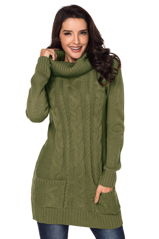 Olive Cowl Neck Cable Knit Sweater Dress