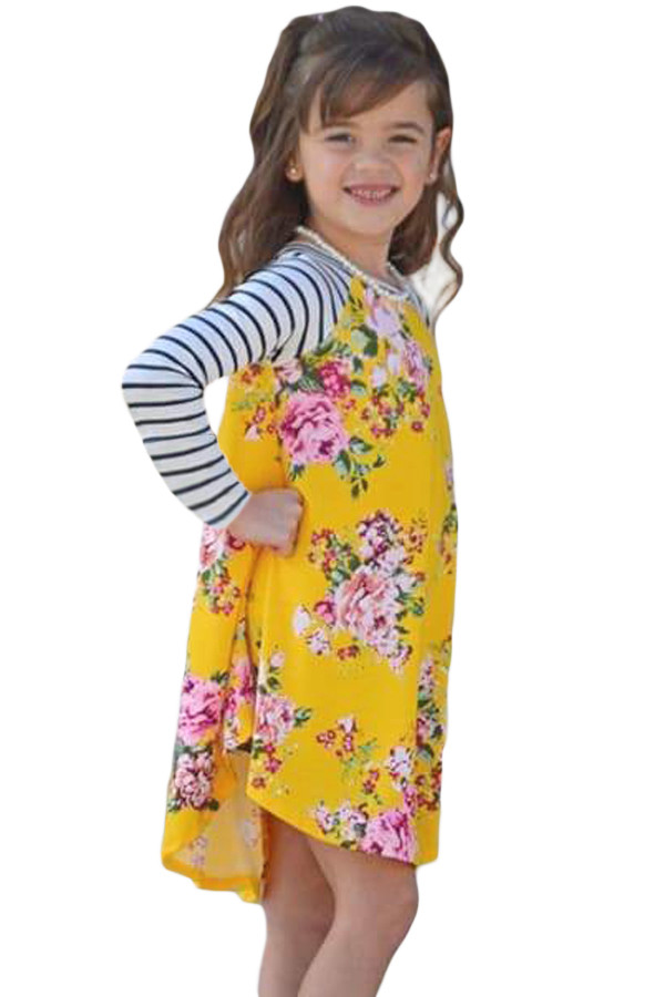 Yellow Spring Fling Floral Striped Sleeve Short Dress for Kids
