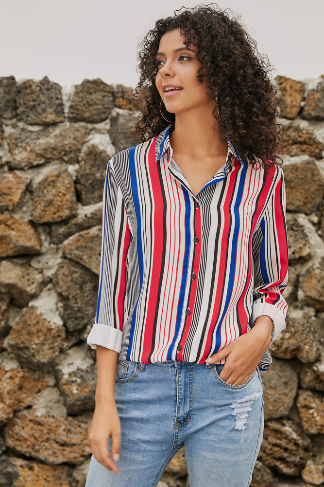 Red Blue Striped Modern Women Shirt