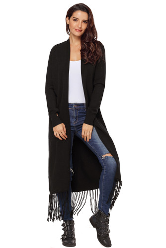 Black Fringe Hemline Longline Knitted Cardigan
