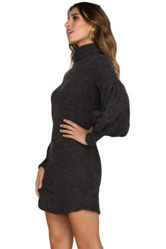 Black Corduroy Ribbed High Neck Mini Dress