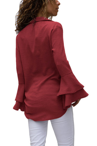 Burgundy Layered Bell Sleeve Button Down Shirt
