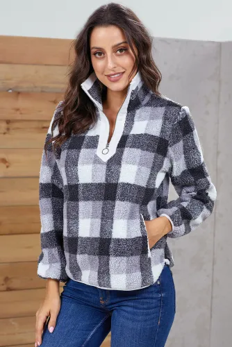 Gray Plaid Zip Neck Furry Sweatshirt