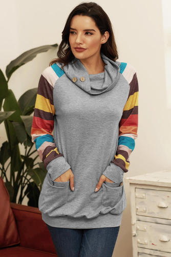 Multicolor Striped Raglan Sleeve Gray Cowl Neck Sweatshirt