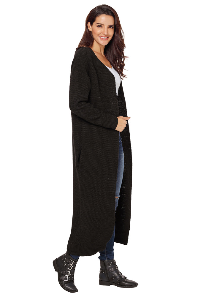 Black Open Front Knit Long Cardigan