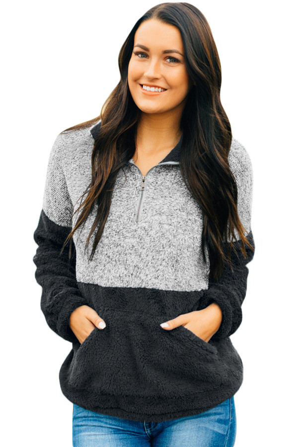 Black Gray Color Block Zip High Neck Fleece Sweatshirt