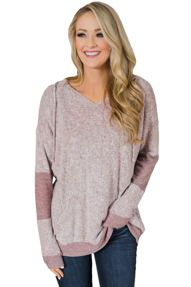 Dusty Pink V Neck Patchwork Design Hoodie