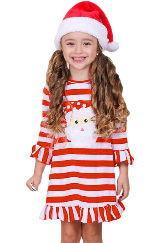 Girls Red Striped Santa Applique Ruffled Christmas Dress