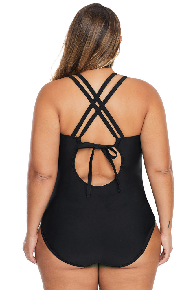 Black Plus Size V Neck Cutout Tankini
