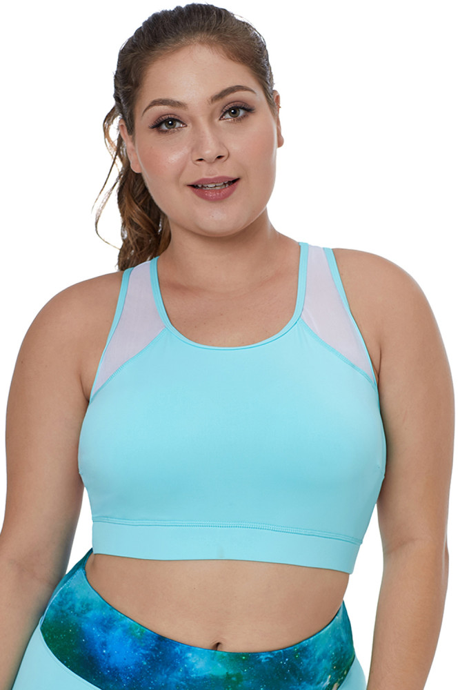 Light Blue Sheer Mesh Back Plus Size Sports Bra