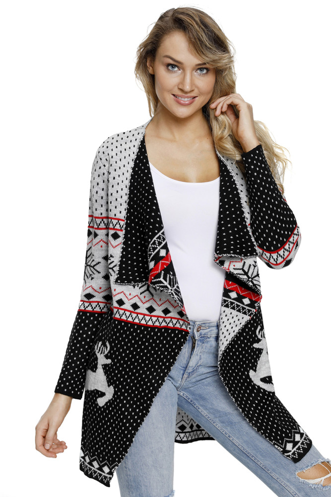 Reindeer in the Snow Gray Black Blocked Christmas Cardigan