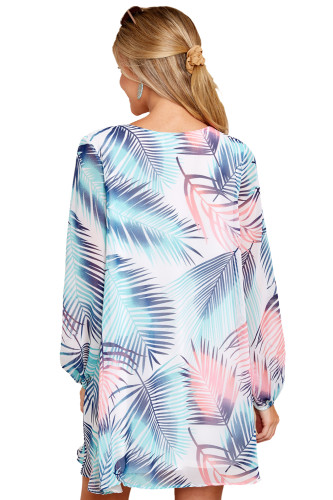 Colorful Coconut Leaf Print V Neck Chiffon Dress