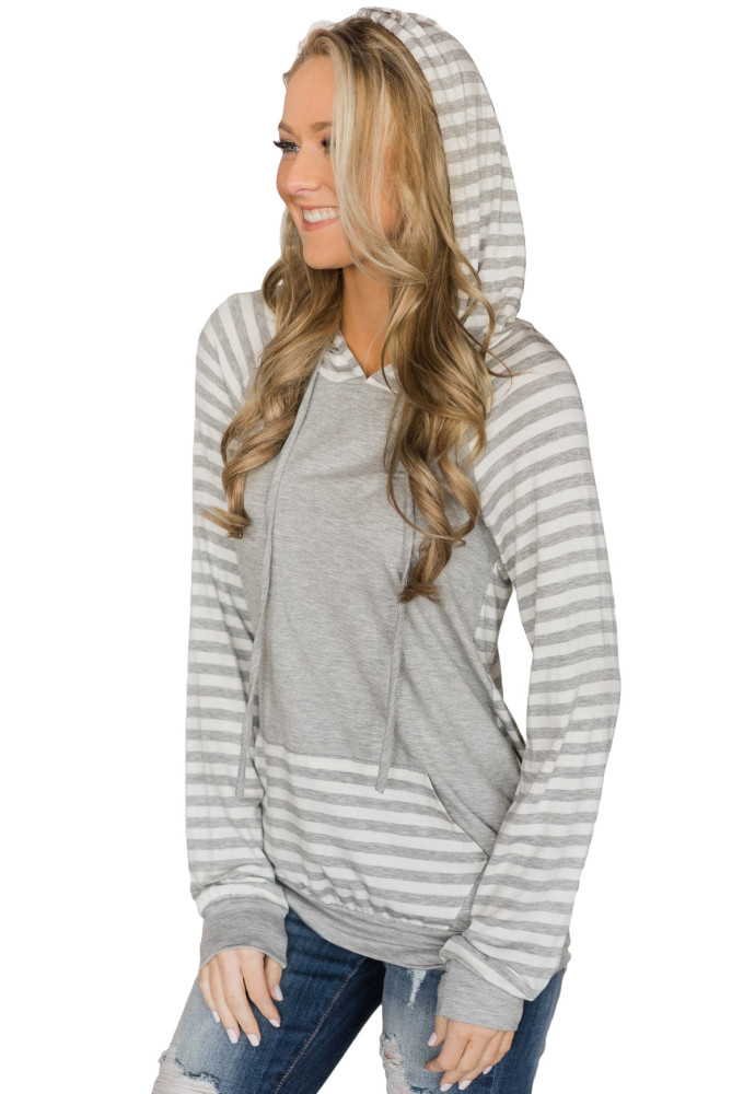 Light Gray Double Hooded Striped Sweatshirt