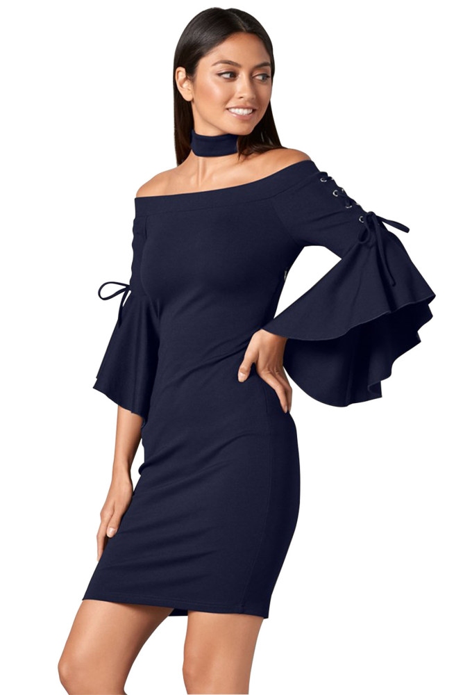 Grommet Lacing Sleeved Navy Chocker Dress