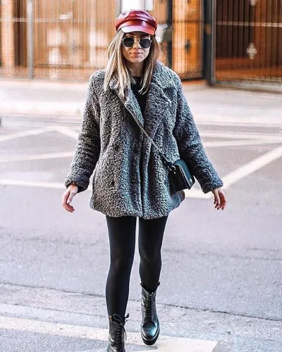 Gray Fleece Open Front Coat with Pockets