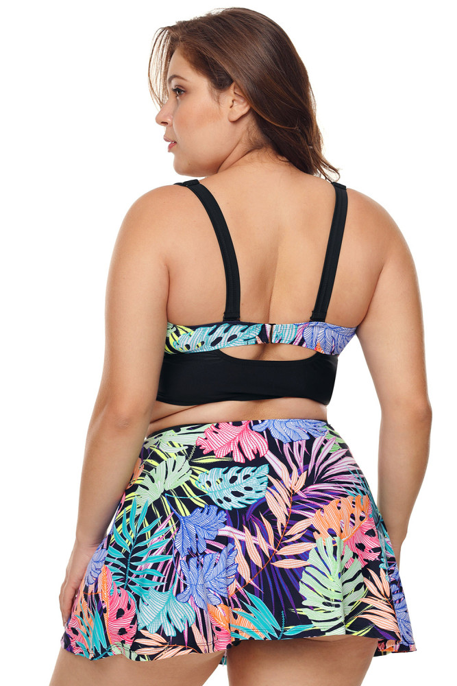 Plus Size Tropical Print Bikini Top with Swim Skirt