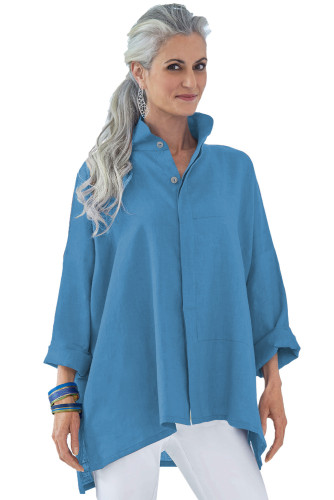 Turquoise Stand Collar Button Front Blouse