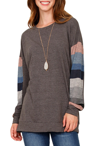 Multicolor Striped Contrast Sleeve Brown Sweatshirt
