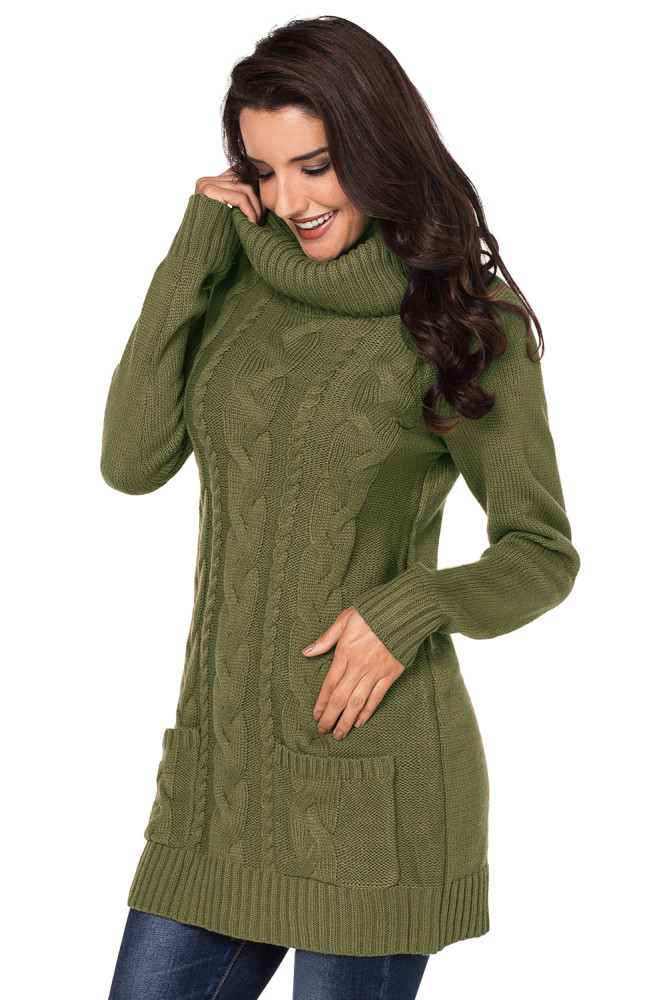 Olive Cowl Neck Cable Knit Sweater Dress