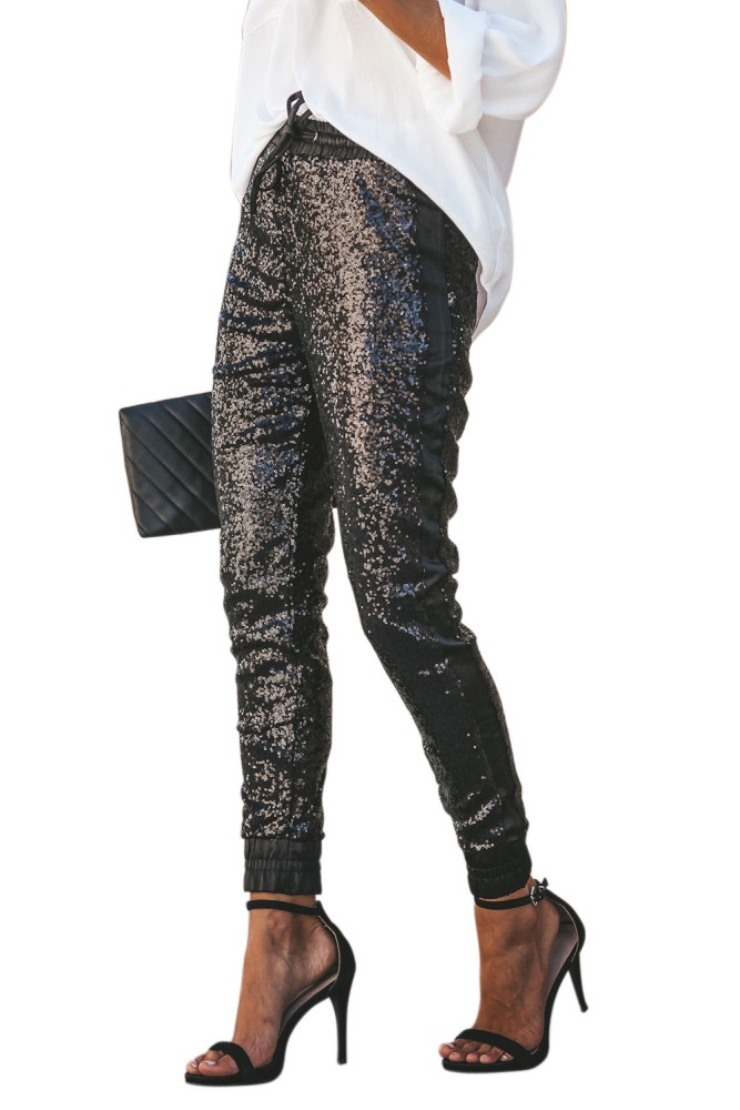 Black Glitter Sequin Drawstring Stretch Pants