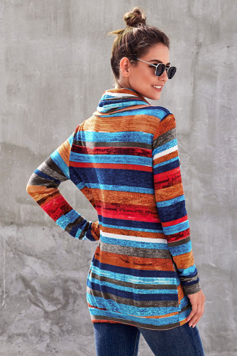 Vibrant Multicolor Cowl Neck Striped Long Sleeve Sweatshirt