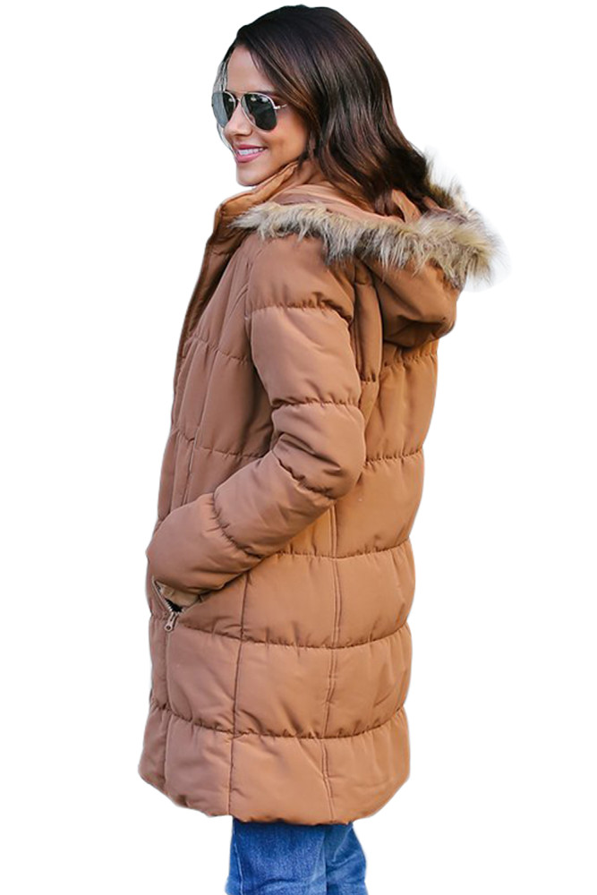 Camel Fur Trim Hooded Long Quilted Coat