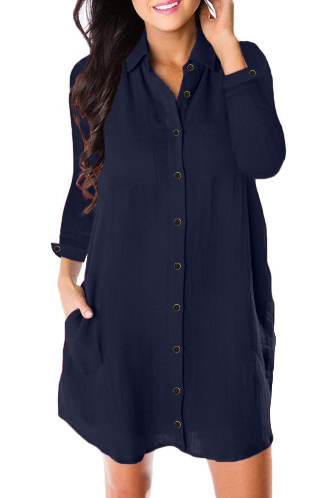 Navy Blue Long Sleeve Button Down Crepe Shirt Dress