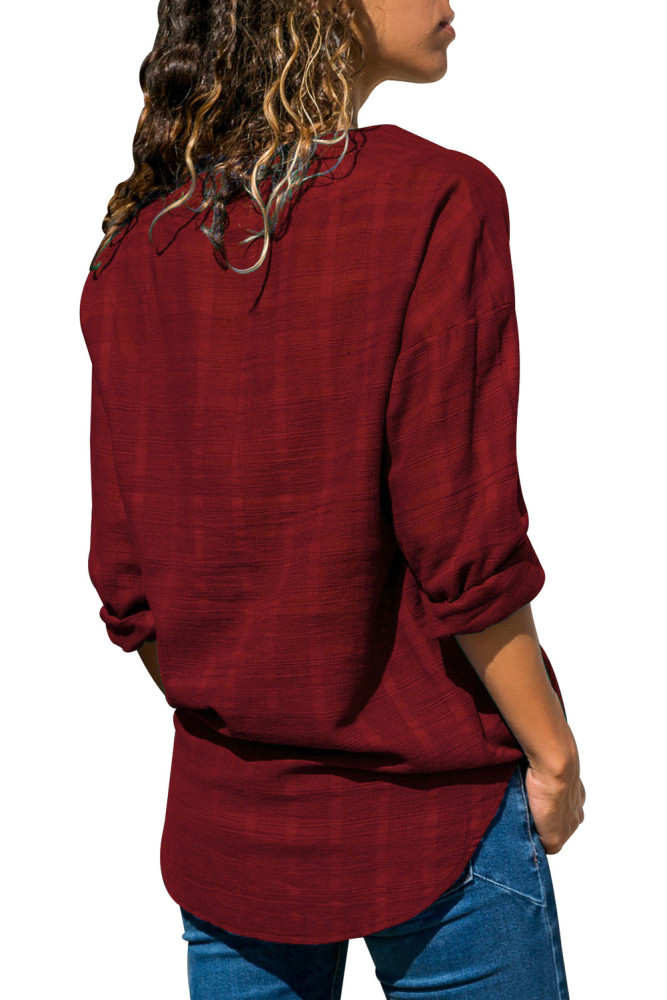 Burgundy Crepe Plaid Notched Neckline Blouse
