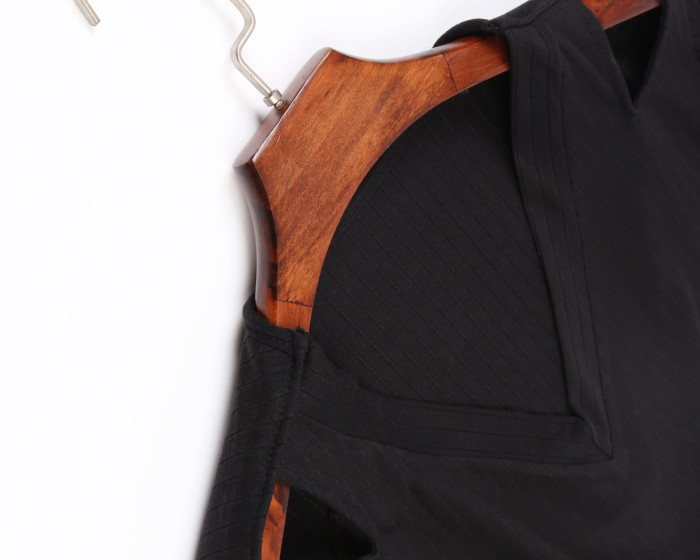 Black Ribbed V Neck Cold Shoulder Top