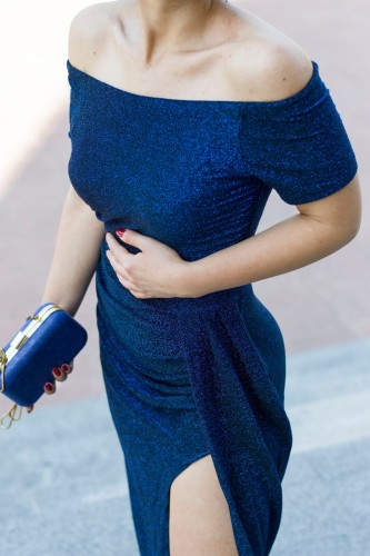 Blue Off Shoulder Short Sleeve Metallic Slit Party Dress