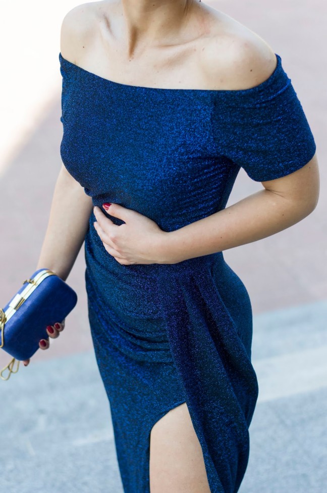 Blue Off Shoulder Short Sleeve Metallic Slit Party Dress