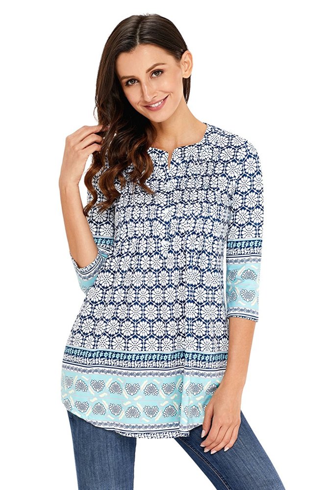 White Floral Notch Neck Pin-tuck Tunic