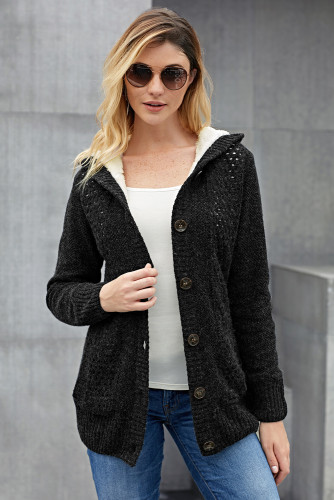 Fleece Hooded Black Button Down Cardigan Sweater