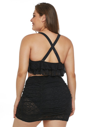 Black Plus Size Flouncy Lace Two Piece Swimsuit