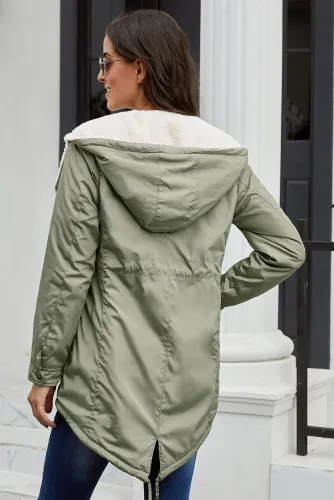 Khaki Asymmetric Hooded Fleece Winter Coat