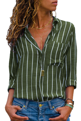 Olive Green Striped Roll Tab Sleeve Button Shirt