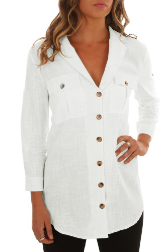 White Buttoned Pockets Shawl Collar Linen Blouse