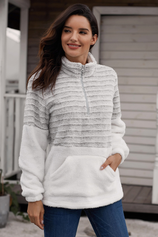 Gray Fuzzy Striped Furry Sweatshirt