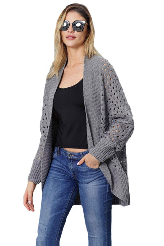 Grey Hollow Out Knit Long Sleeves Cardigan