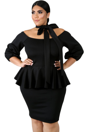 Black Sash Tie Plus Size Peplum Dress